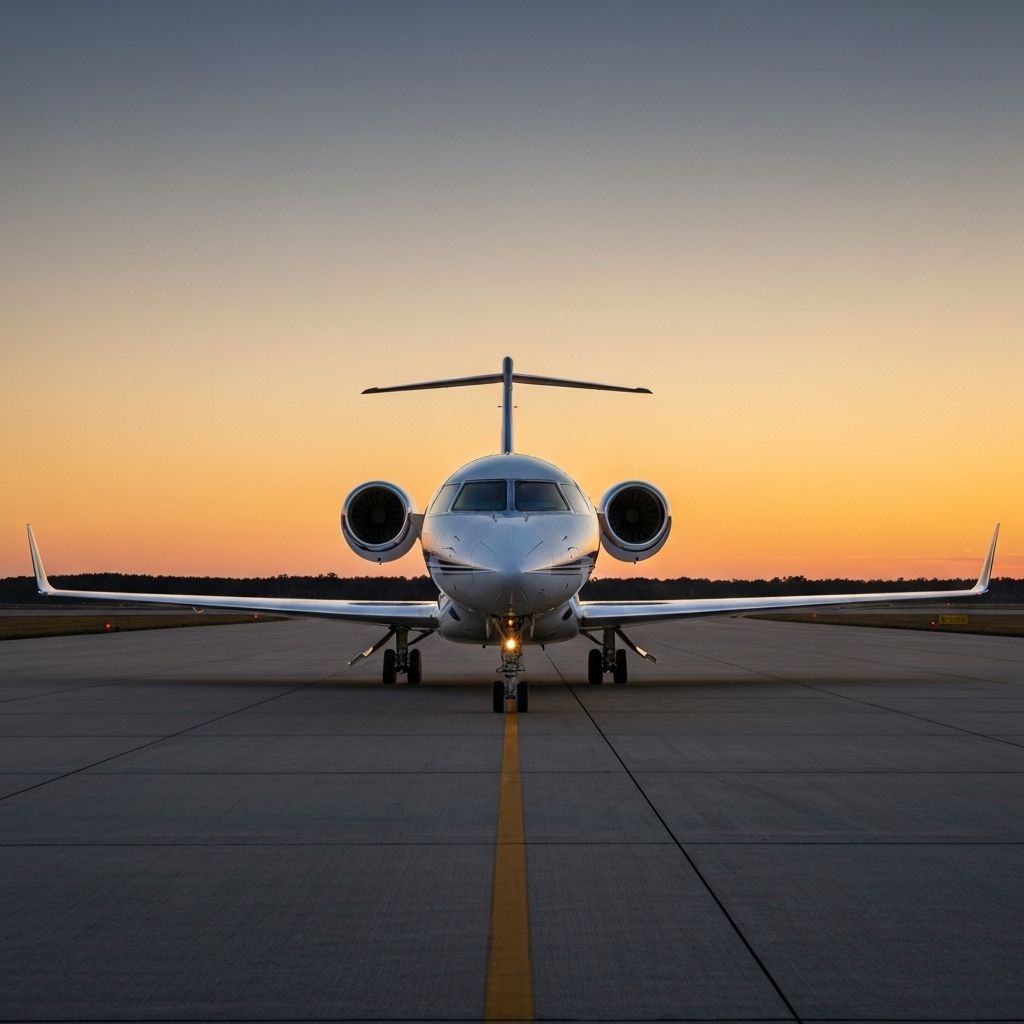 Luxury private jet at aerodrome runway at sunset - Aerodoreme Finance premium aviation services